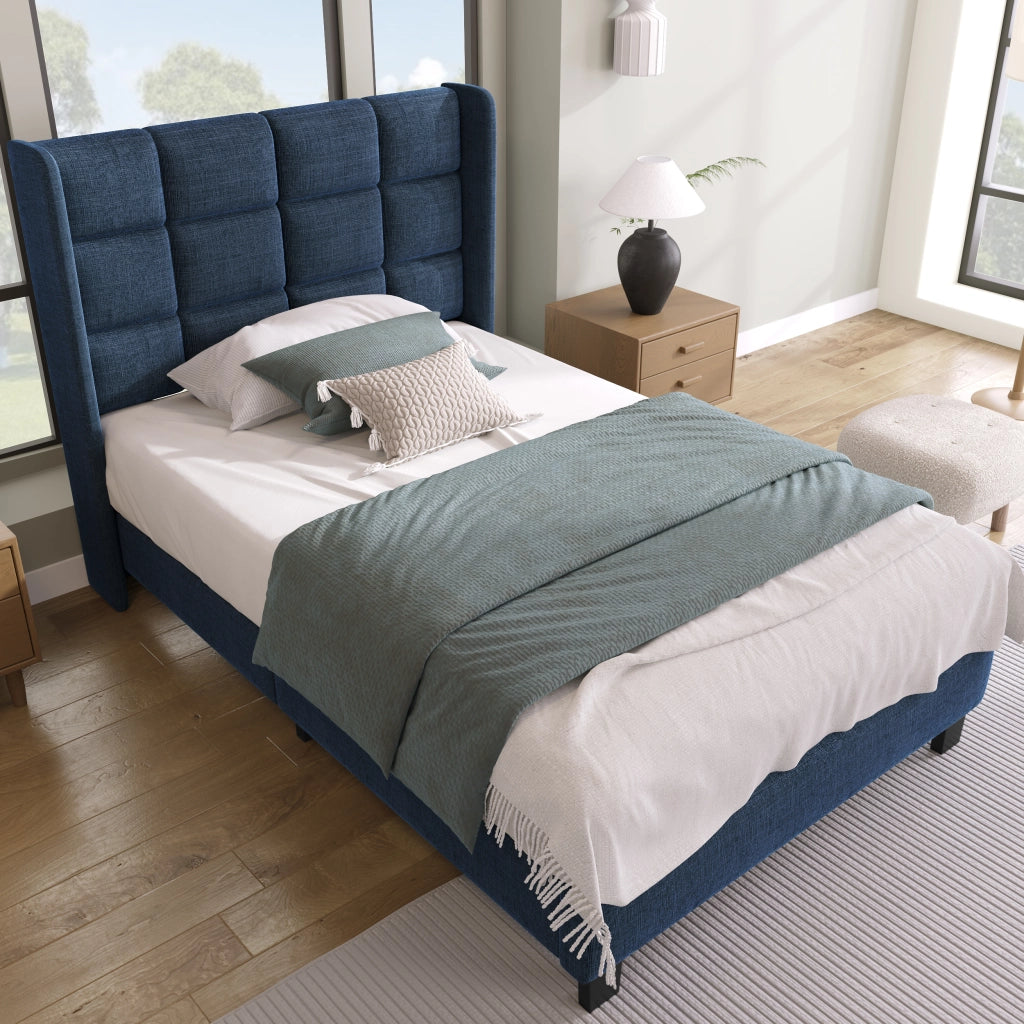 letto imbottito lino blu 90 x 200 cm
