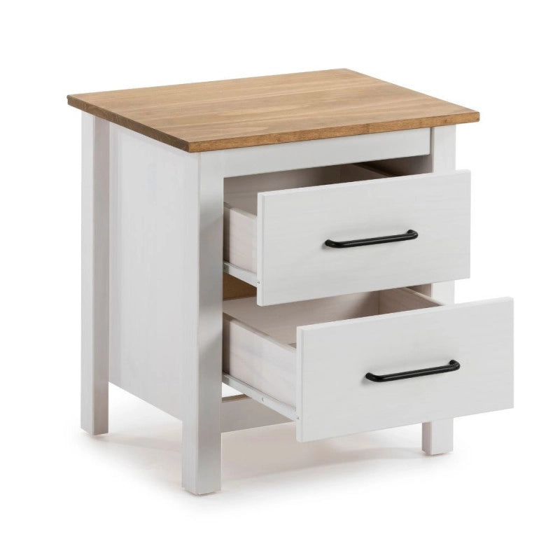 Comodino Miranda 2 cassetti in legno massiccio bianco e top pino