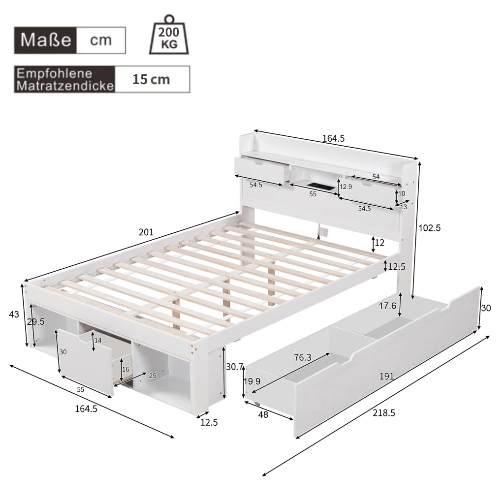 LETTO 160x200 cm Bianco con USB, Type-C e ampio spazio contenitore