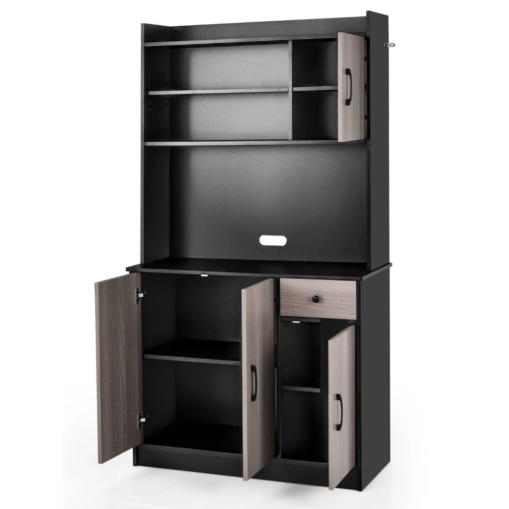 Armadio da cucina alto 180cm con stazione di ricarica integrata, Buffet con vetrina piano per microonde cassetto Nero