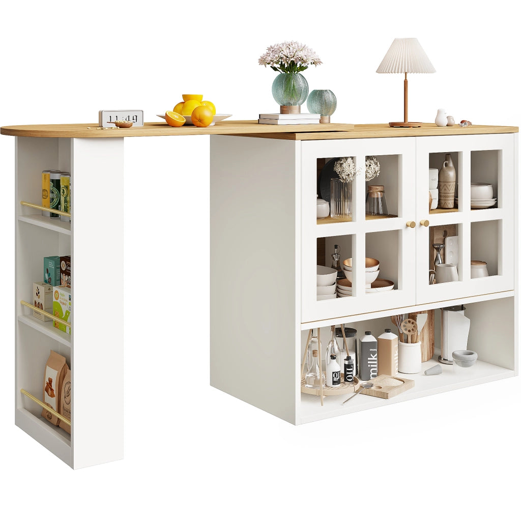 OKWISH Mobile Bar Girevole con 2 Ante in Vetro, 3 Ripiani Laterali e Ripiani Regolabili, per Soggiorno Cucina, Bianco
