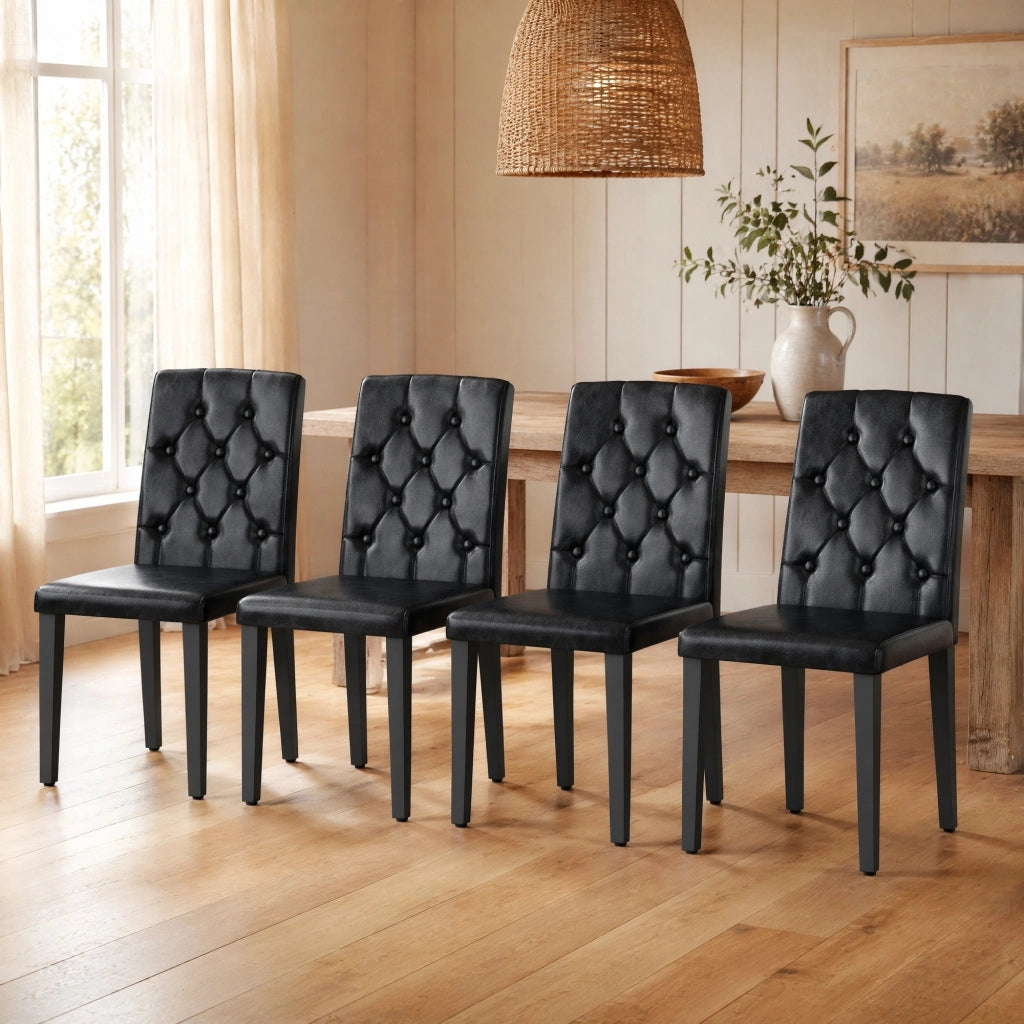 Set di 4 sedie da pranzo nere in PU con gambe in metallo, design moderno con cuciture rombiche
