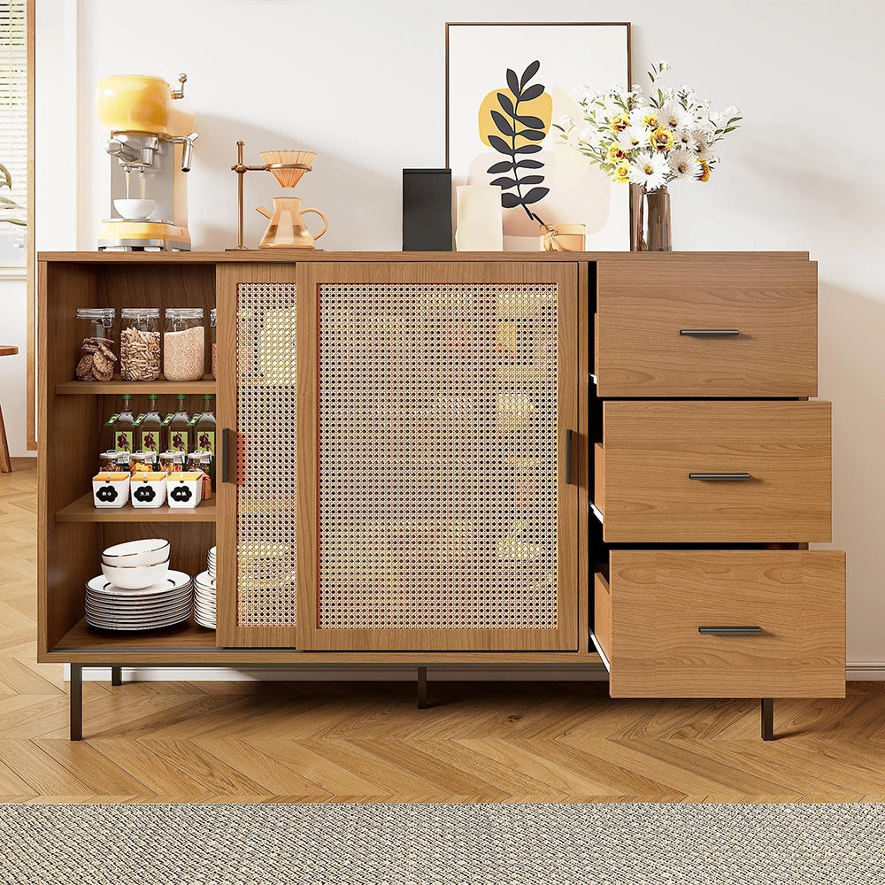 Credenza rustica 2 ante scorrevoli - Xylo - 3 cassetti, ripiani regolabili, per soggiorno, 140x91x37 cm