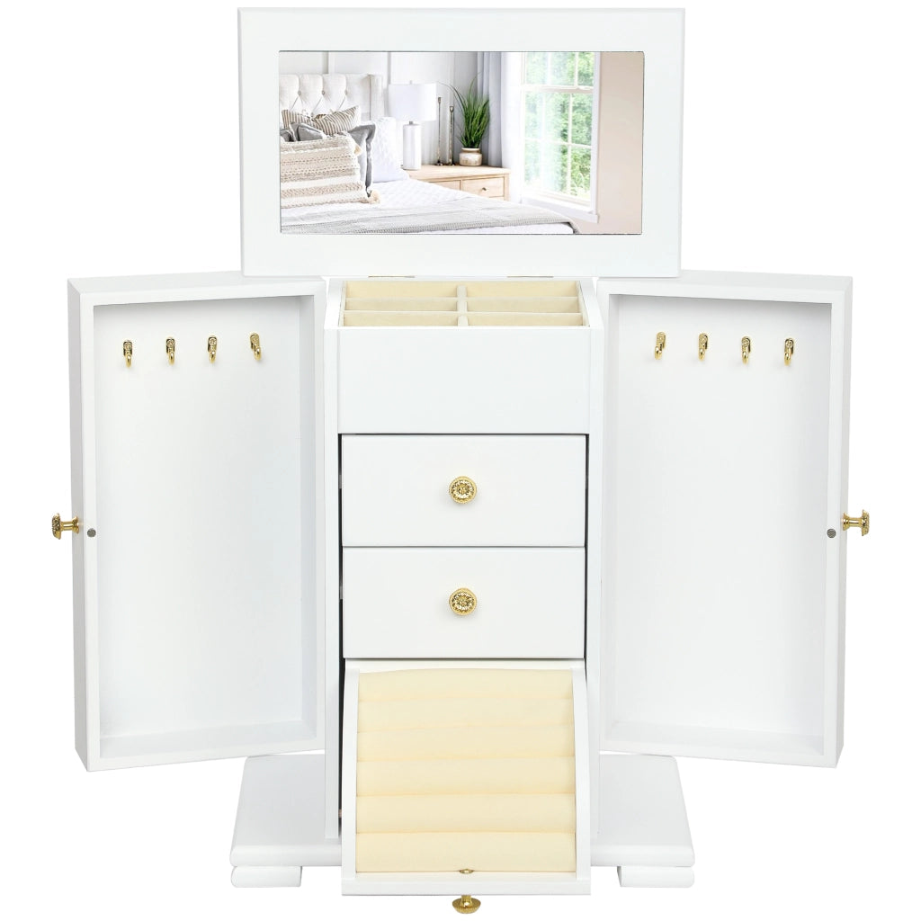 Cofanetto per Gioielli in Legno con 4 Livelli, Ali, Specchio e 2 Cassetti ¨C Zephmum ¨C Bianco 26.5x16x33.5 cm
