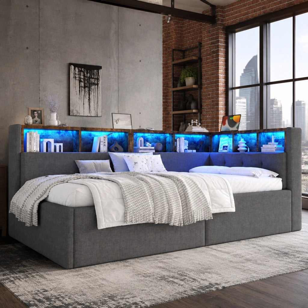 LETTO 90x200 cm in lino grigio con LED, USB e Type-C, senza materasso