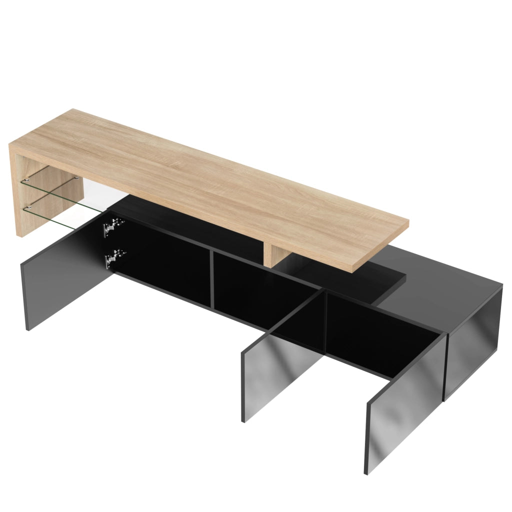Mobile TV con 3 ante, ripiani in vetro e LED per soggiorno, in MDF e vetro, nero e legno, 197.5 × 39 × 42 cm