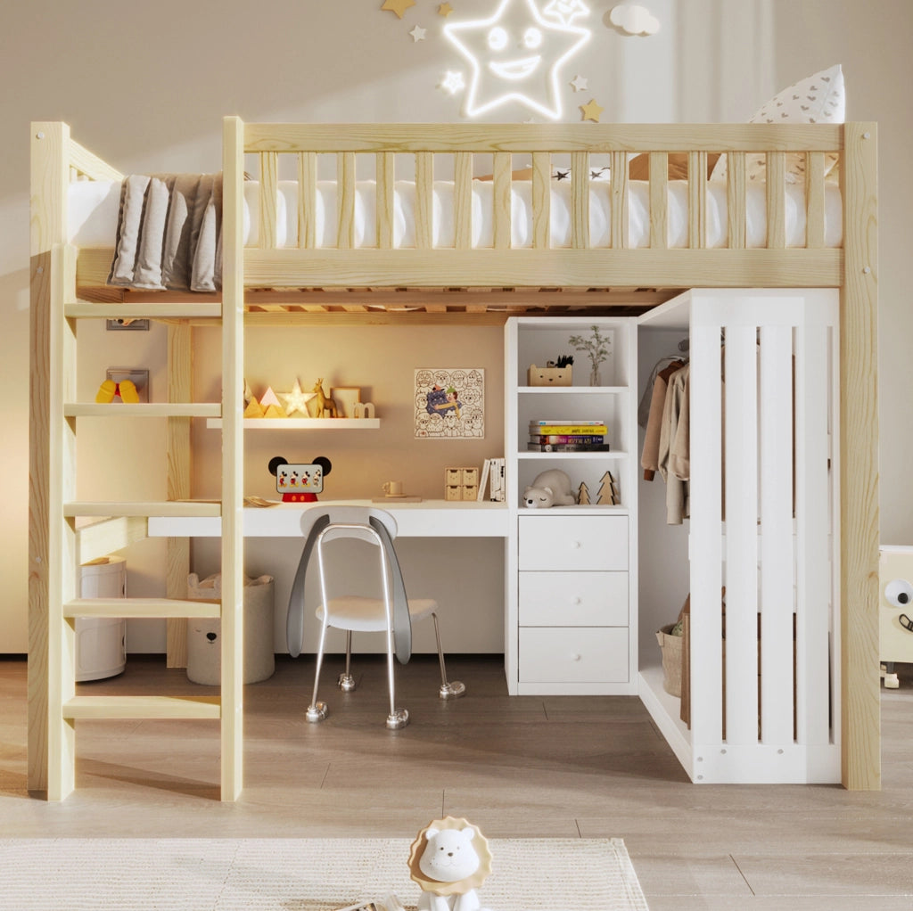 Letto a soppalco 140x200 cm con scrivania; guardaroba; 3 cassetti; in legno di pino e MDF; naturale