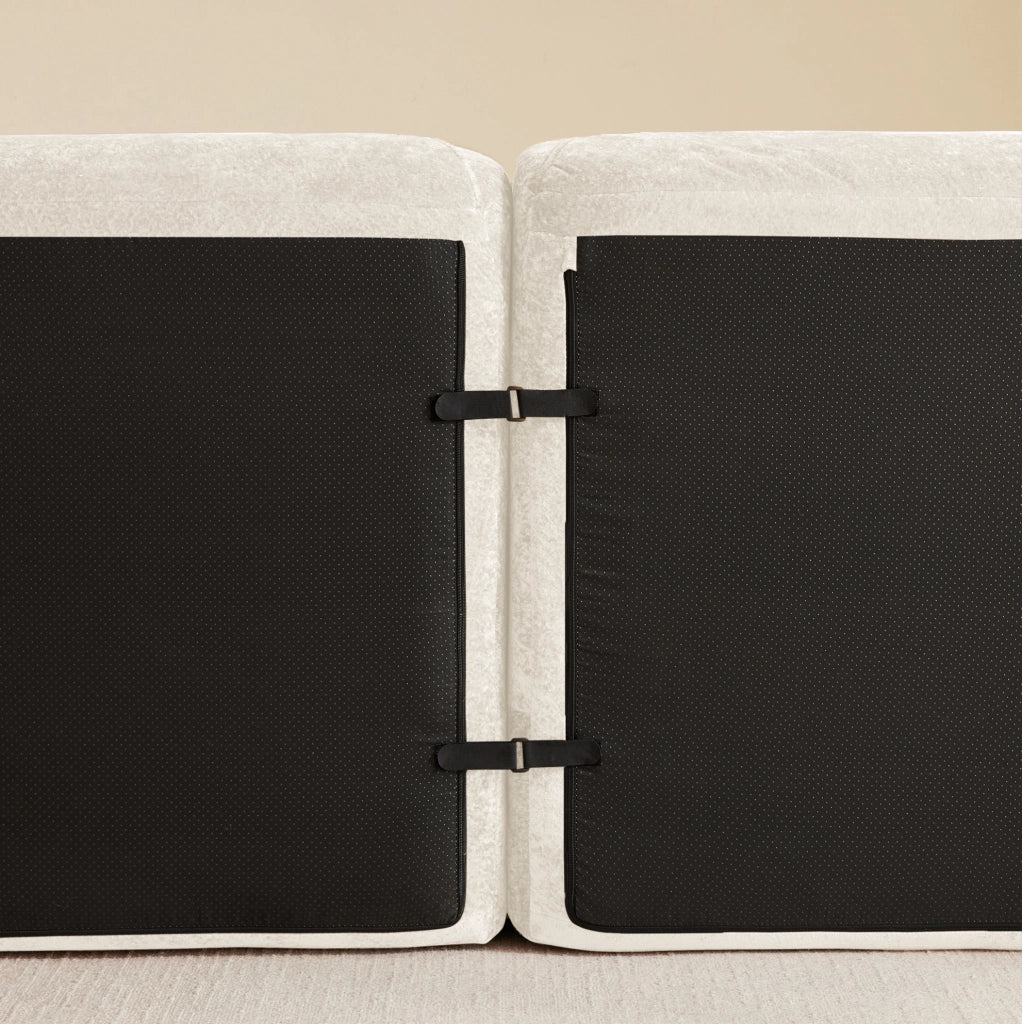 Divano modulare ad angolo in chenille; imbottitura in schiuma 32D; beige chiaro
