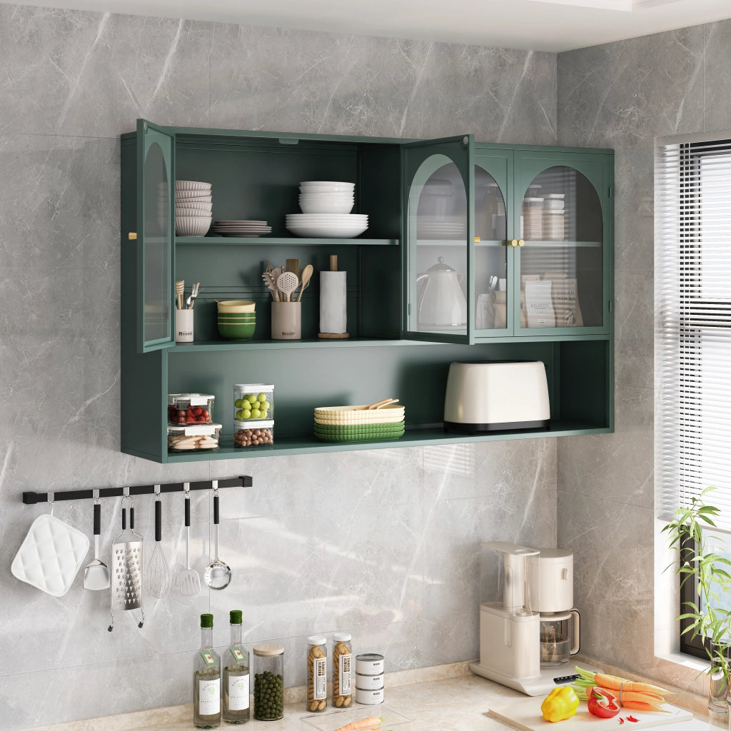 Pensile a 4 ante in vetro e metallo, stile industriale, per cucina e soggiorno, verde scuro, 120 × 23 × 70 cm