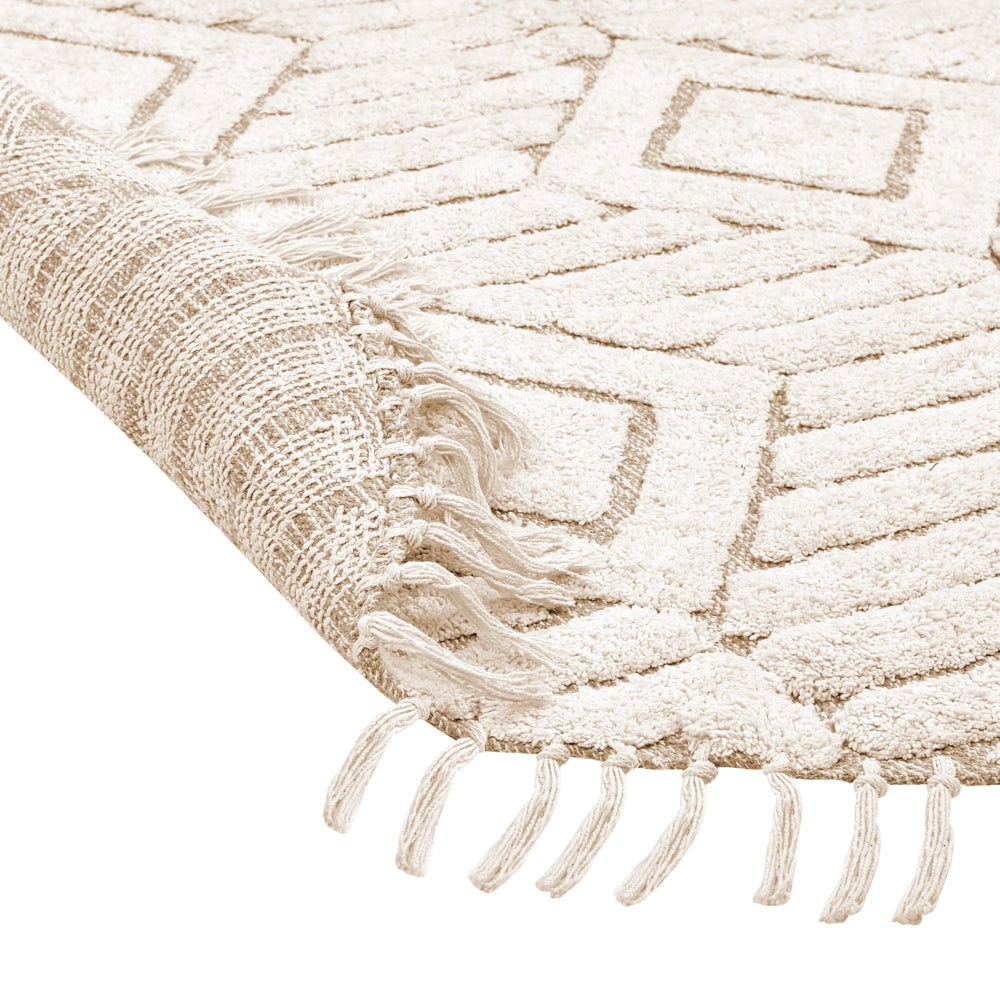 Tappeto rotondo in cotone beige ⌀ 140 cm trapuntato con motivo a frange boho soggiorno camera da letto