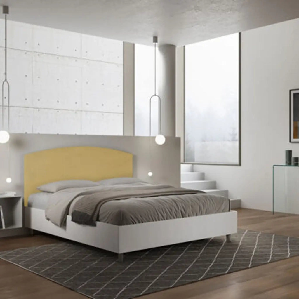 Letto matrimoniale contenitore 160x200 bianco frassino testata microfibra ocra Antilia