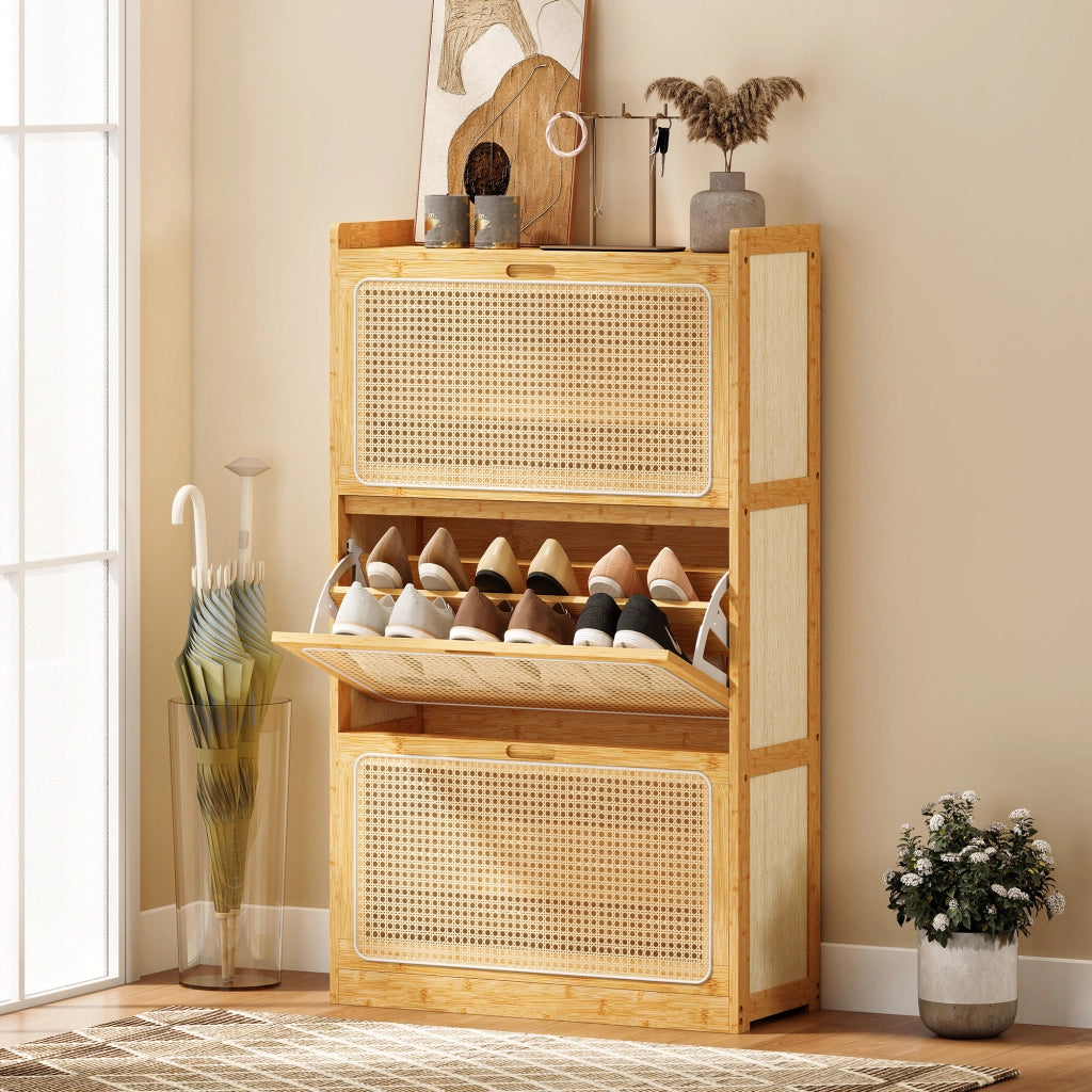Scarpiera in Bamb¨´ con 3 Cassetti di Rattan per 18-21 Paia di Scarpe ¨C Minimal ¨C 69x29x120 cm Natural