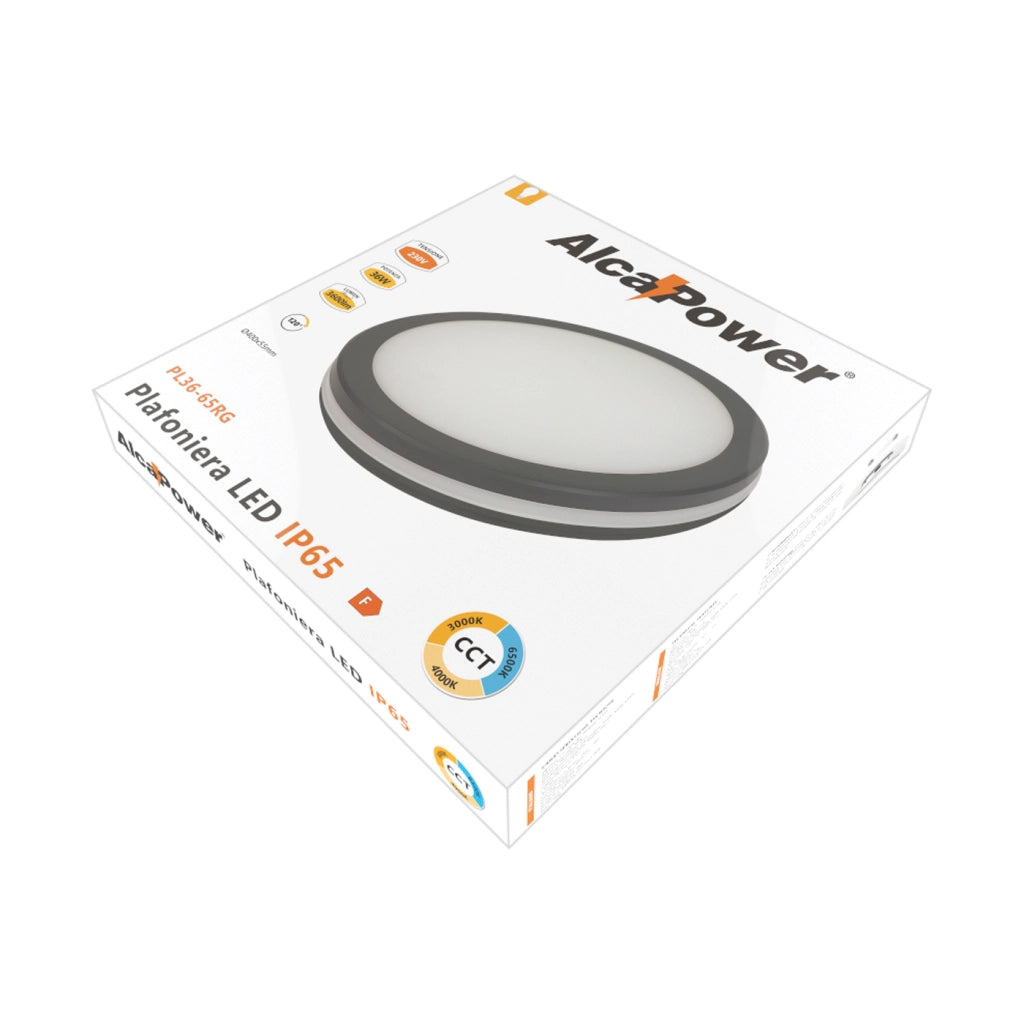 Alcapower Plafoniera LED Rotonda 36W 3600lm IP54 IK08 CCT Selezionabile 3000K 4000K 6500K Grigia - Soluzione professionale alta efficienza