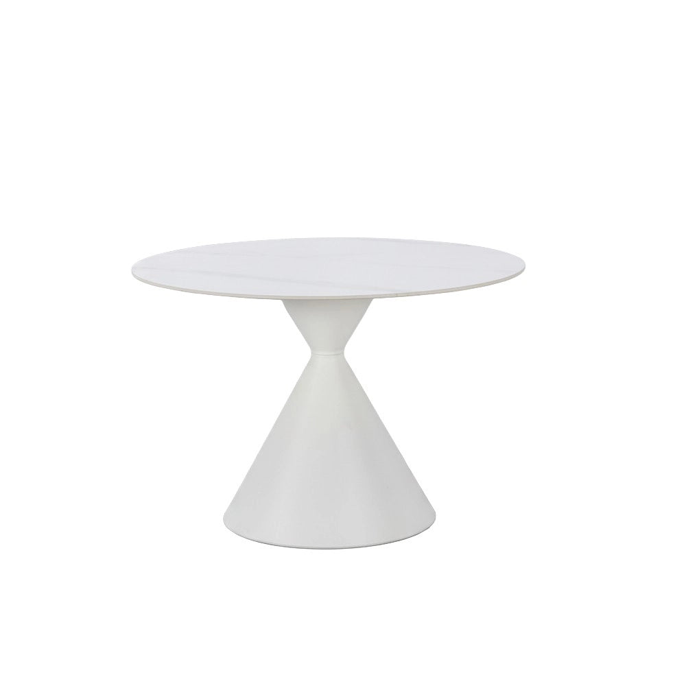 Tavolo Rotondo Taini Ø120 cm in Ceramica Effetto Marmo Bianco con Base Conica in Metallo