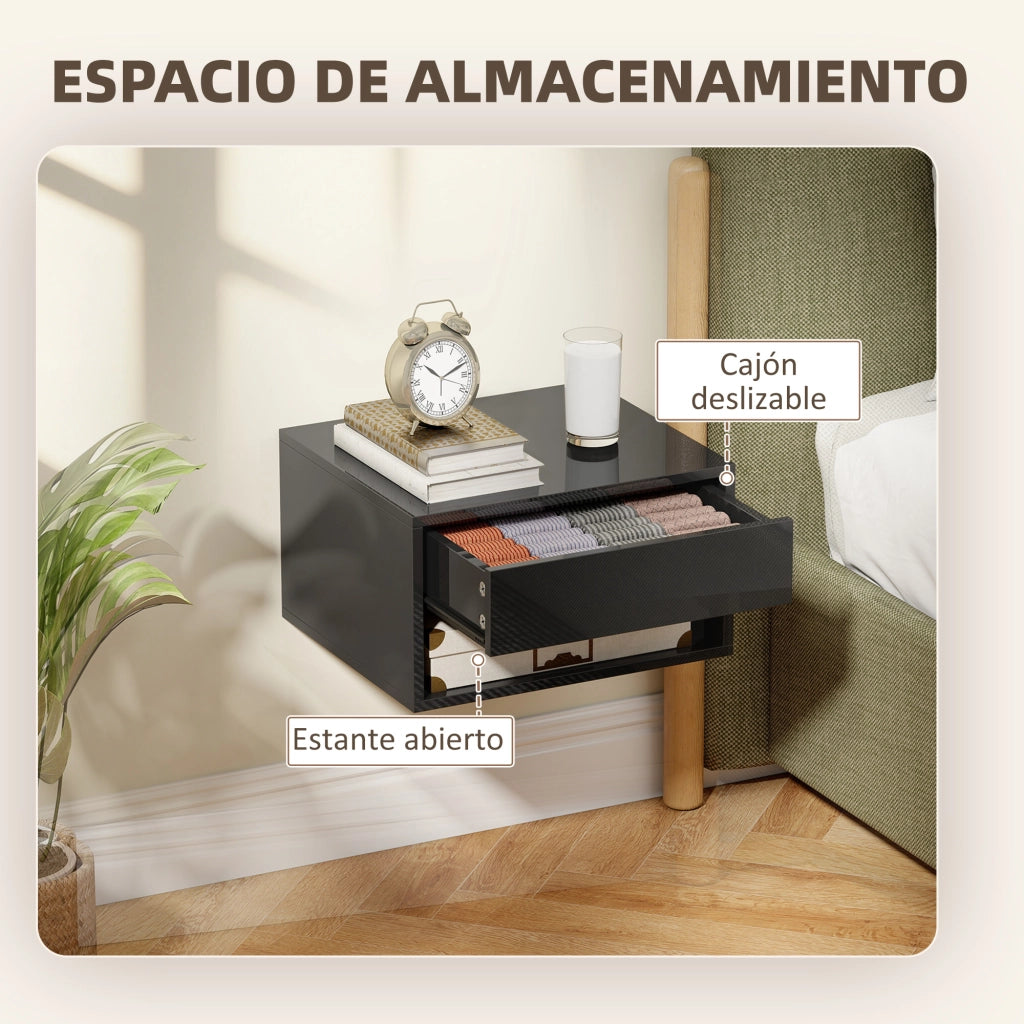 Comodino Flottante con Cassetto ¨C Minimal ¨C Nero Lucido 37x32x21 cm