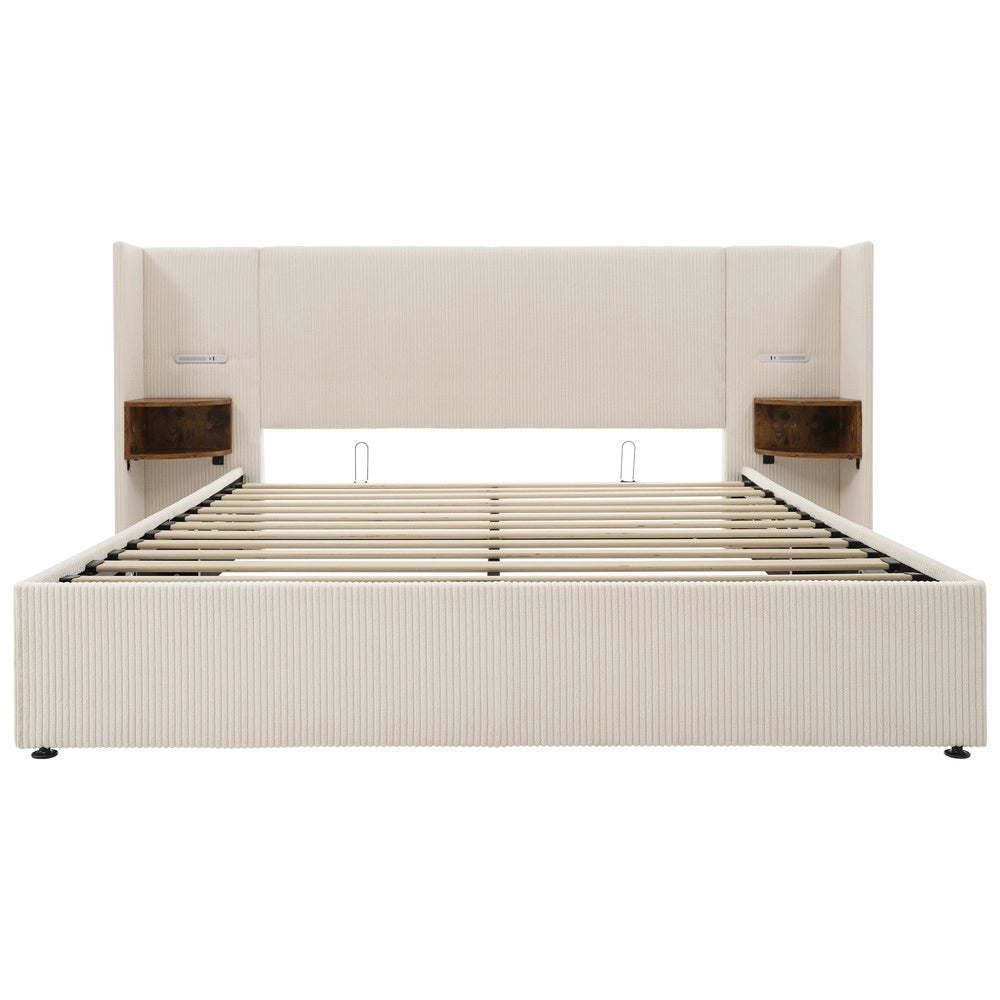 Letto Imbottito Matrimoniale Contenitore ¨C MINIMAL ¨C Cordone Beige/Bianco, Doghe Massello, 180x200