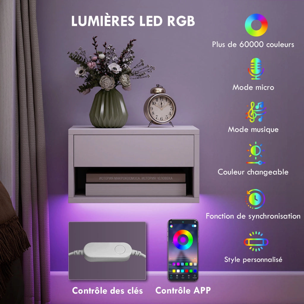 Set 2 comodini sospesi LED RGB con app, cassetto, ripiano, 37x32x21cm ¨C Xylo ¨C Bianco