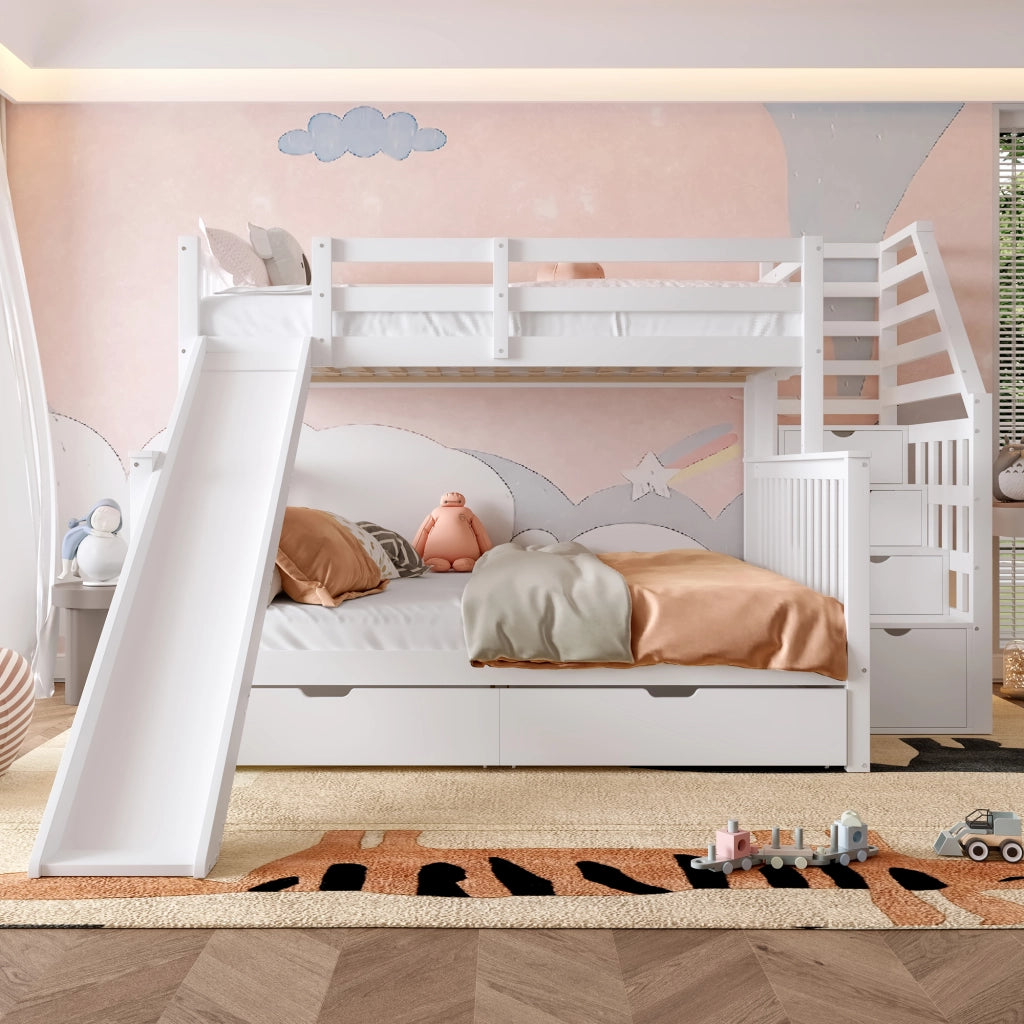 Letto a castello con scivolo e cassetti in pino 90x200 su 140x200