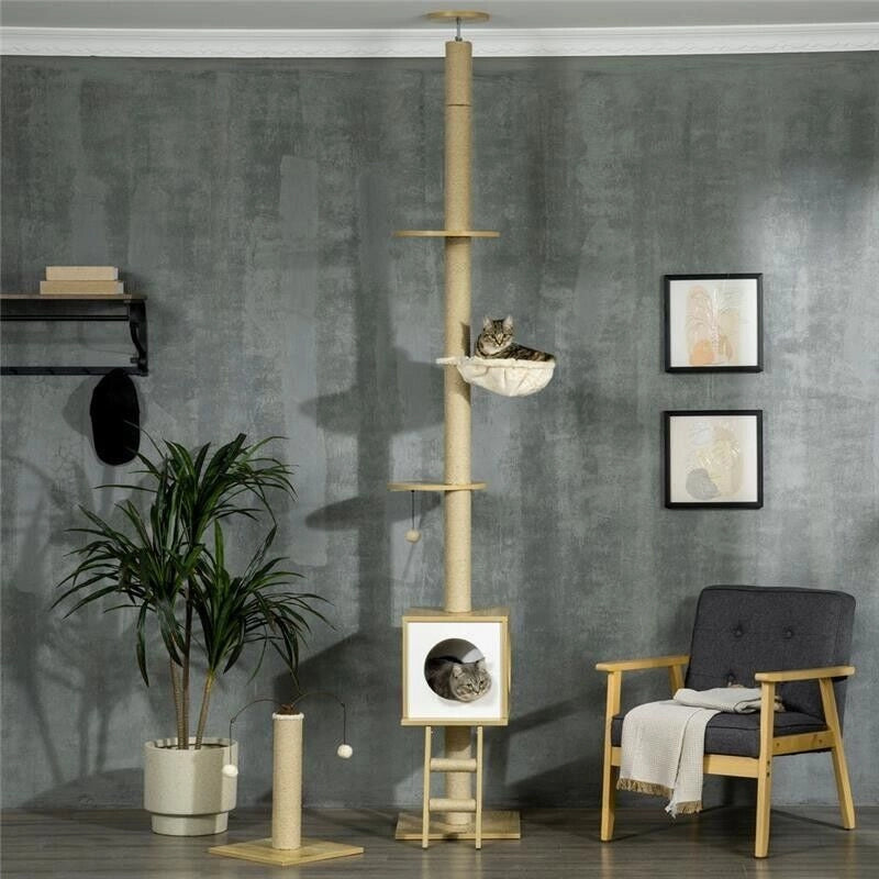 ALBERO PER GATTI IN TRUCIOLATO AD ALTEZZA REGOLABILE CON TIRAGRAFFI, CASETTA, AMACA E PALLINA, 40X40X225-285 CM