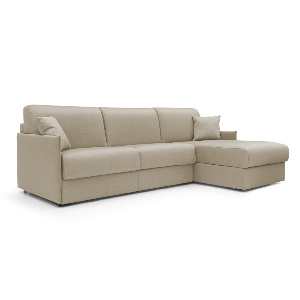 Evans Divano letto angolare con penisola in morbido tessuto impermeabile T13 252 cm Sinistro (mat. 140x197)  beige