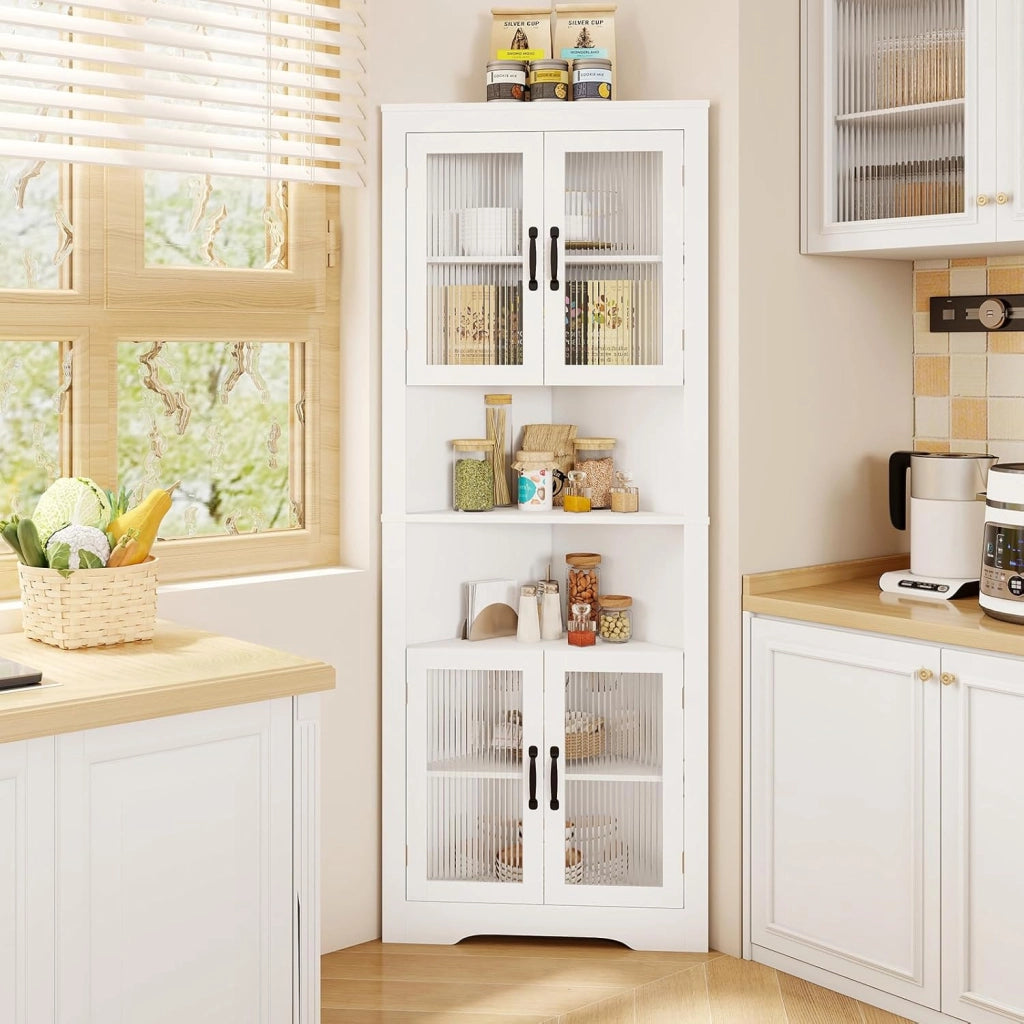 Armadio Angolare 66 x 35 x 171 cm, Mobile Bagno Triangolare Salvaspazio con 4 Ante in Vetro Temperato e Ripiani Regolabil, Mobile Angolare per Soggiorno, Cucina e Sala da Pranzo