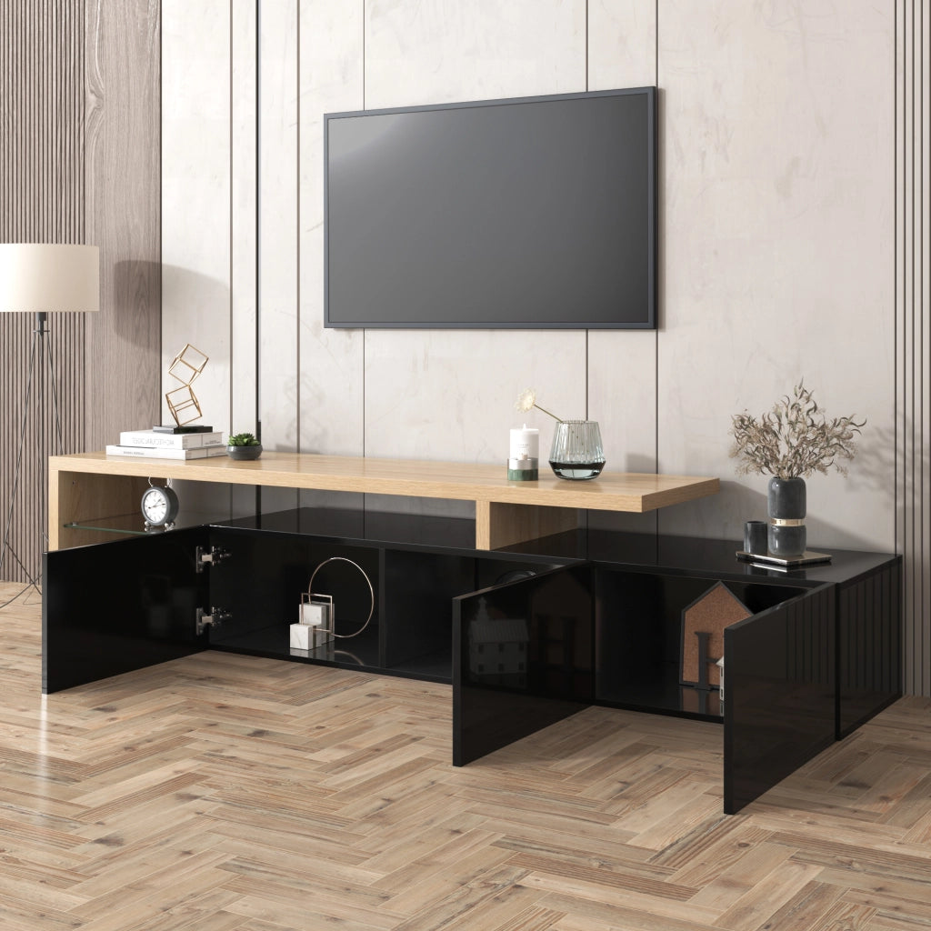 Mobile TV con 3 ante, ripiani in vetro e LED per soggiorno, in MDF e vetro, nero e legno, 197.5 × 39 × 42 cm