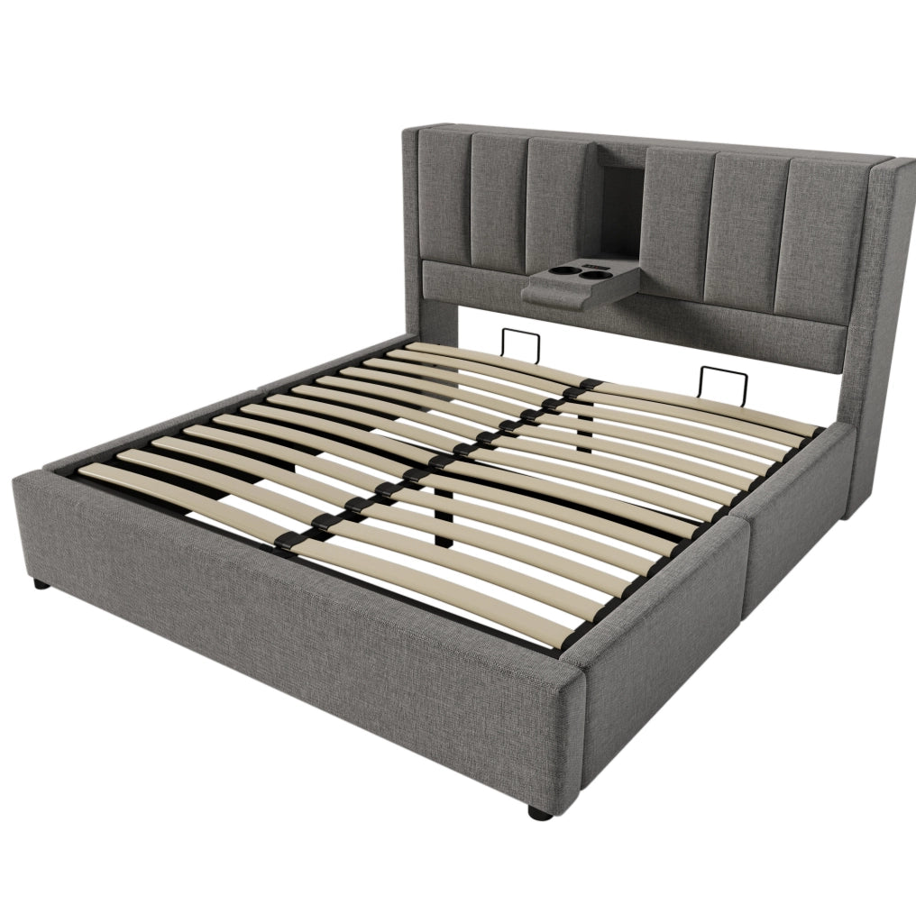 Letto imbottito 160x200 cm con contenitore, presa di ricarica e portabicchieri