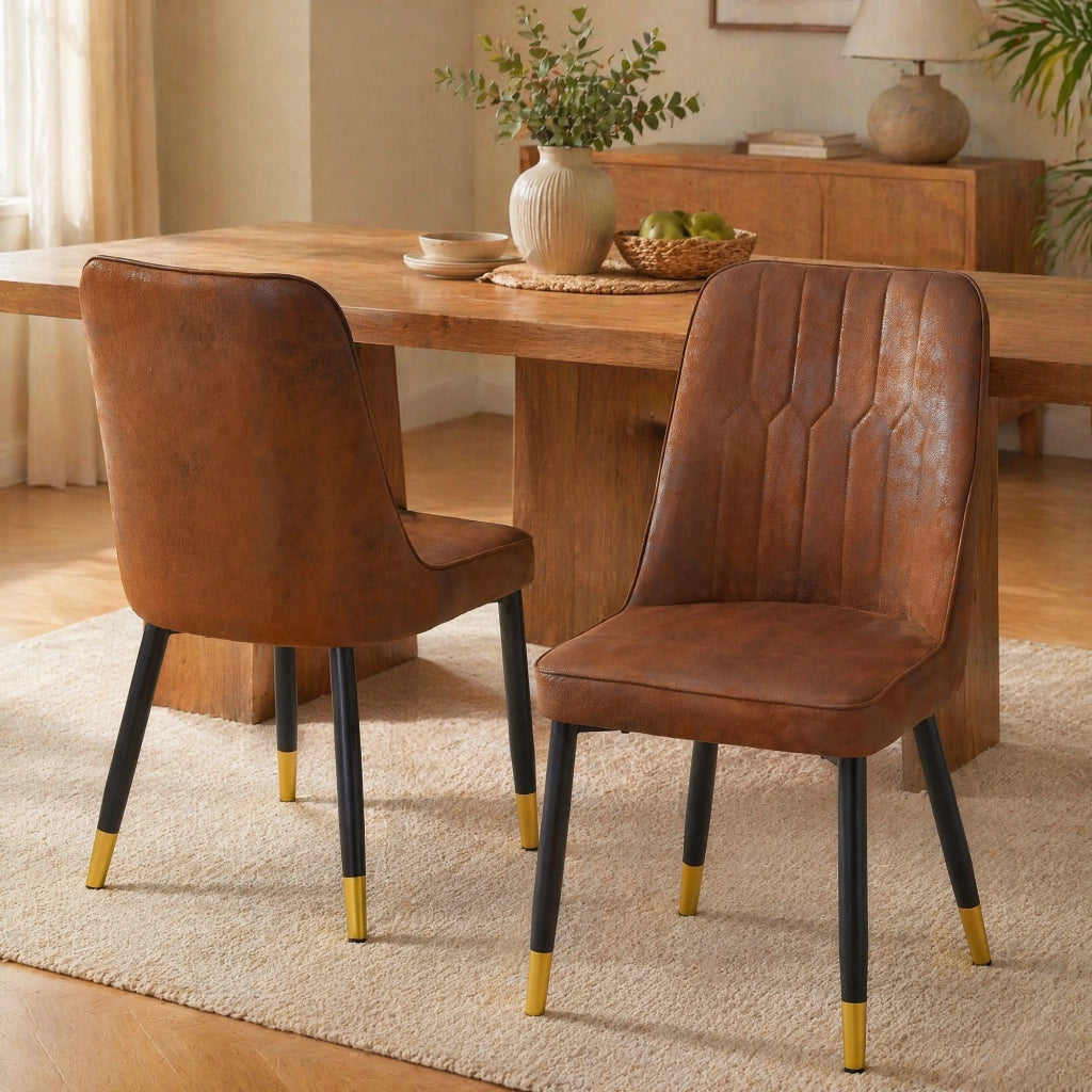 Set di 2 sedie da pranzo moderne in tessuto tech marrone con gambe in metallo nero