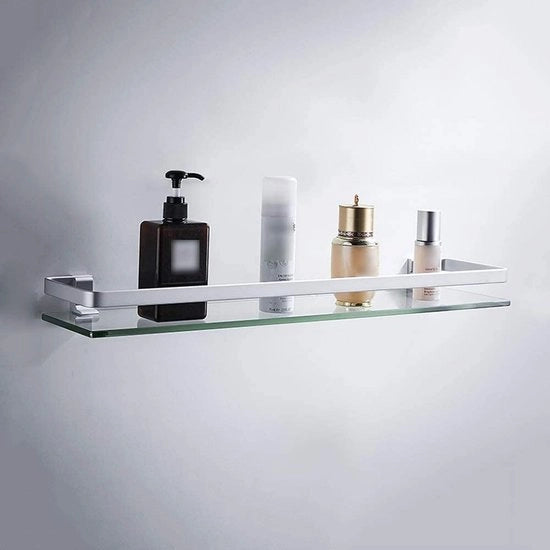 Sostegno per doccia, piastra di vetro, piastra di vetro in vetro, ripiano per parete, bagno, 8 mm, sostegno per bagno, piastra di vetro, montaggio a parete, senza forature, 60 x 80 cm, alluminio anodizzato, argento, bagno, piastra di vetro