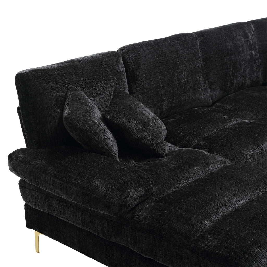 Divano Panoramico a U con Doppia Chaise Longue, 4 Cuscini Schienale, Gambe in Metallo, Ciniglia Nero 272 × 136 × 88 cm