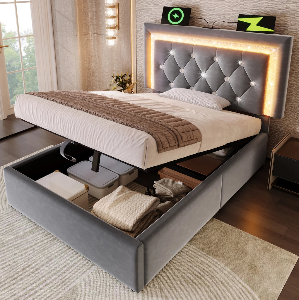 Letto singolo 90x200 cm in velluto grigio con LED; presa USB e Type-C; contenitore e materasso
