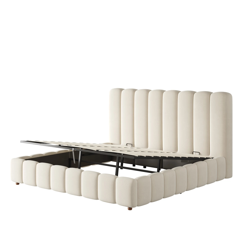 Letto matrimoniale 180 x 200 cm, testiera imbottita, vano portaoggetti, rivestimento in velluto, color beige