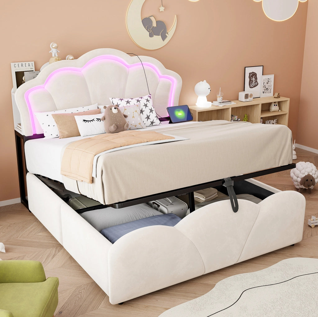 Letto imbottito 140x200 cm con vano contenitore, LED e prese integrate
