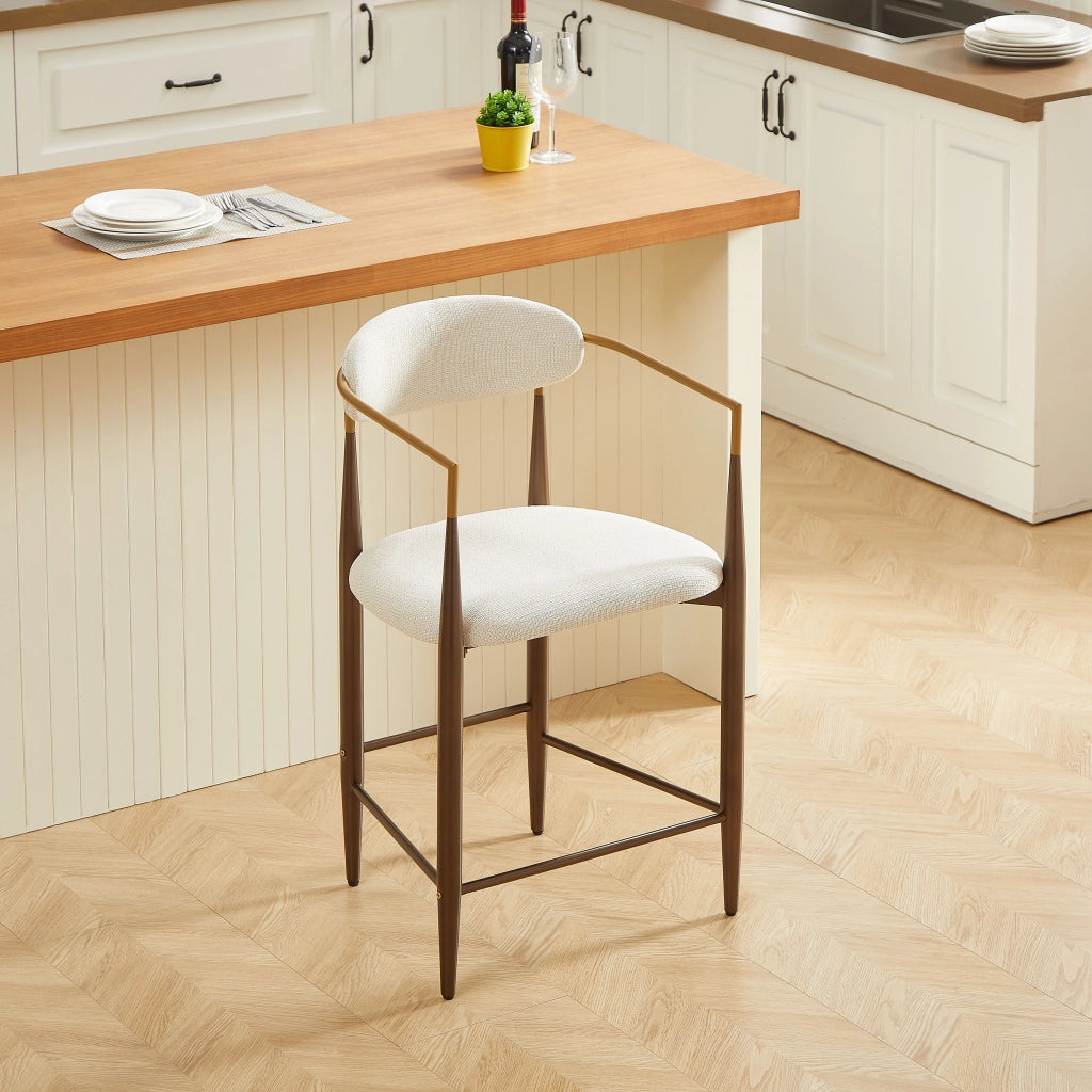 Sgabello da Bar Set da 2 con Braccioli e Piedini Regolabili, Stile Country Francese, in Tessuto Beige