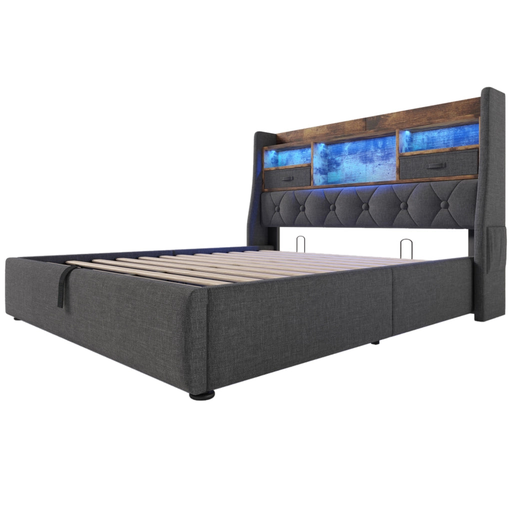 Letto contenitore 140x190 cm con LED, testiera con ricarica USB/Type-C e rete