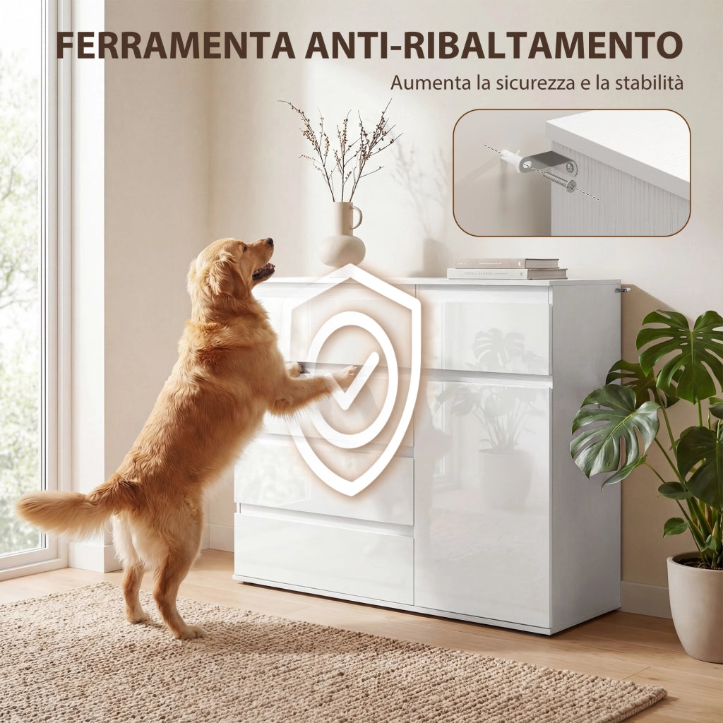 Credenza Mobile Basso 100x40x80 cm con 5 Cassetti Ripiano Regolabile in MDF Bianco Lucido