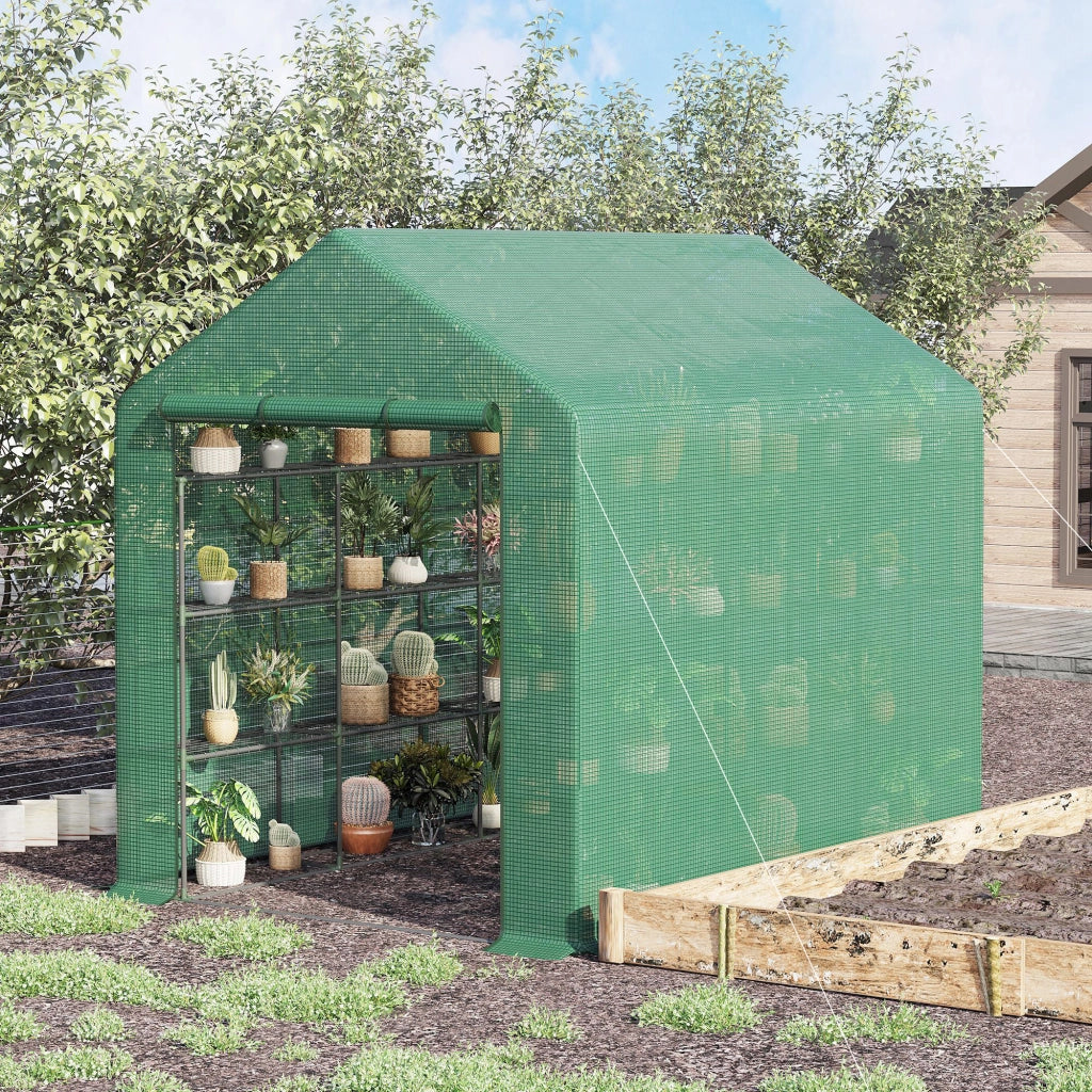Serra a tunnel con 8 ripiani, serra per pomodori con porta, verde, realizzata in acciaio e plastica PE