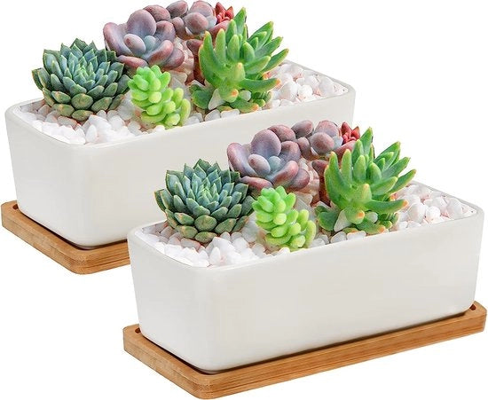 2 pezzi di vasi quadrati in ceramica per succulente con ciotola in bambù vaso di ceramica bianca con foro per piante vaso per succulente per interni balcone ufficio bianco 17x8.5x7.5cm