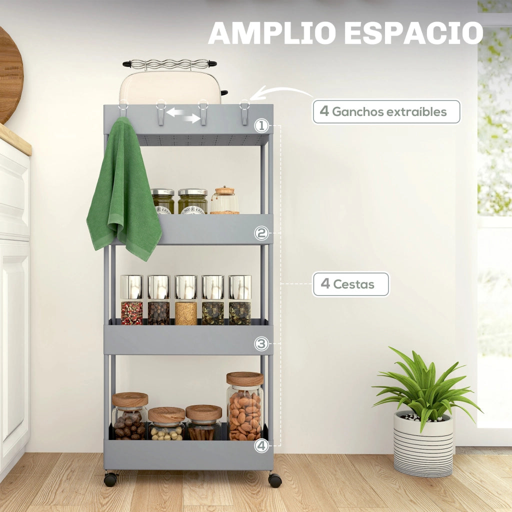 Carrello Multiuso con 4 Cestini e Ruote ¨C zephmum ¨C Grigio 40x19x90 cm