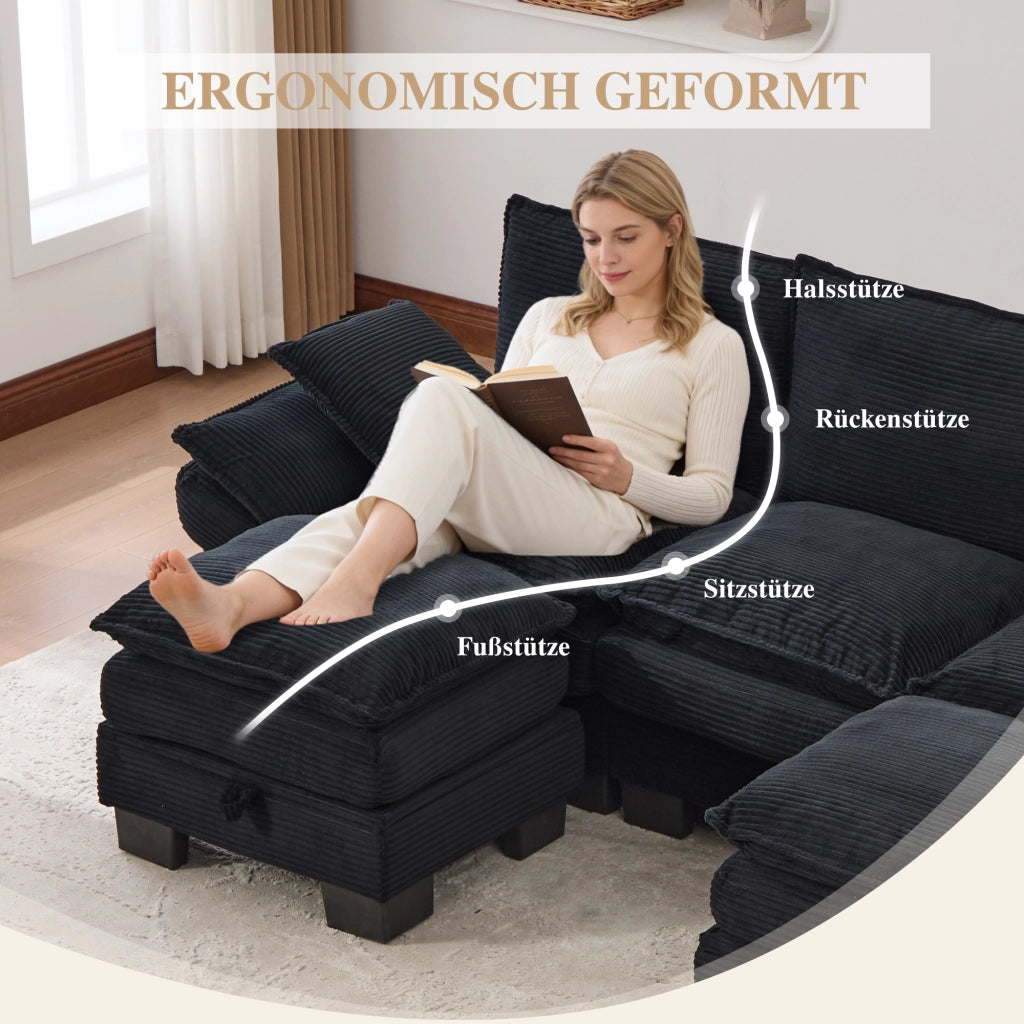 Divano modulare 3 posti con USB tipo C e 2 pouf contenitore in velluto a coste nero