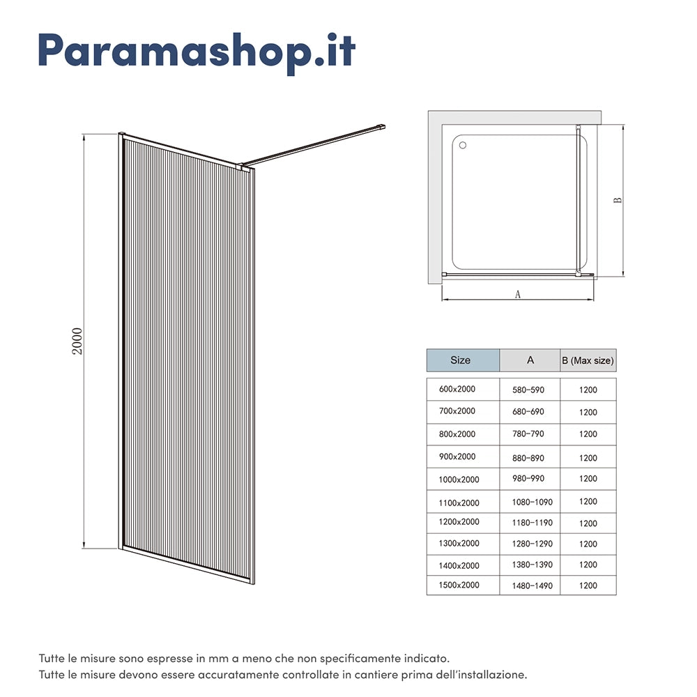 Doccia walk-in full frame 130 cm vetro cannettato profili neri | Rodi