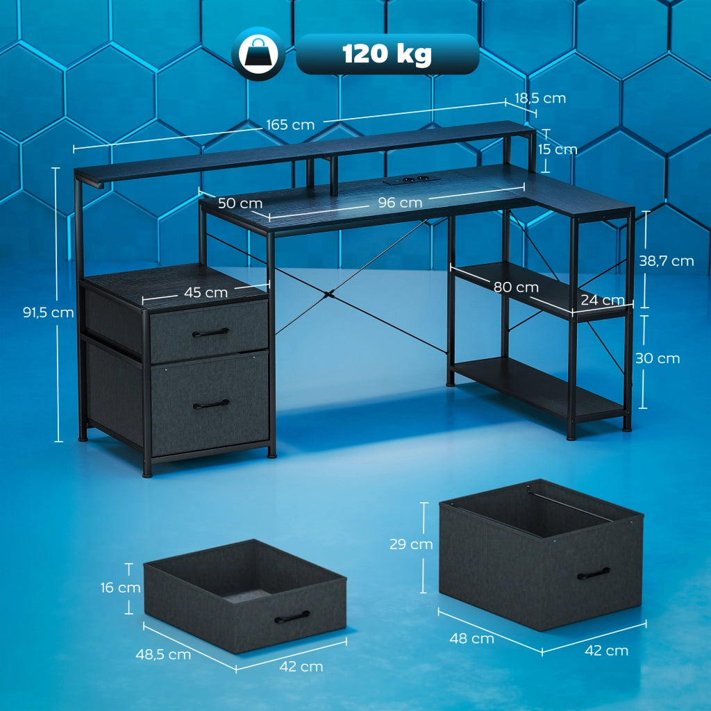 Scrivania Gaming Angolare con LED e Monitor ¨C Xylo ¨C 165x80x91,5 cm Nero Legno