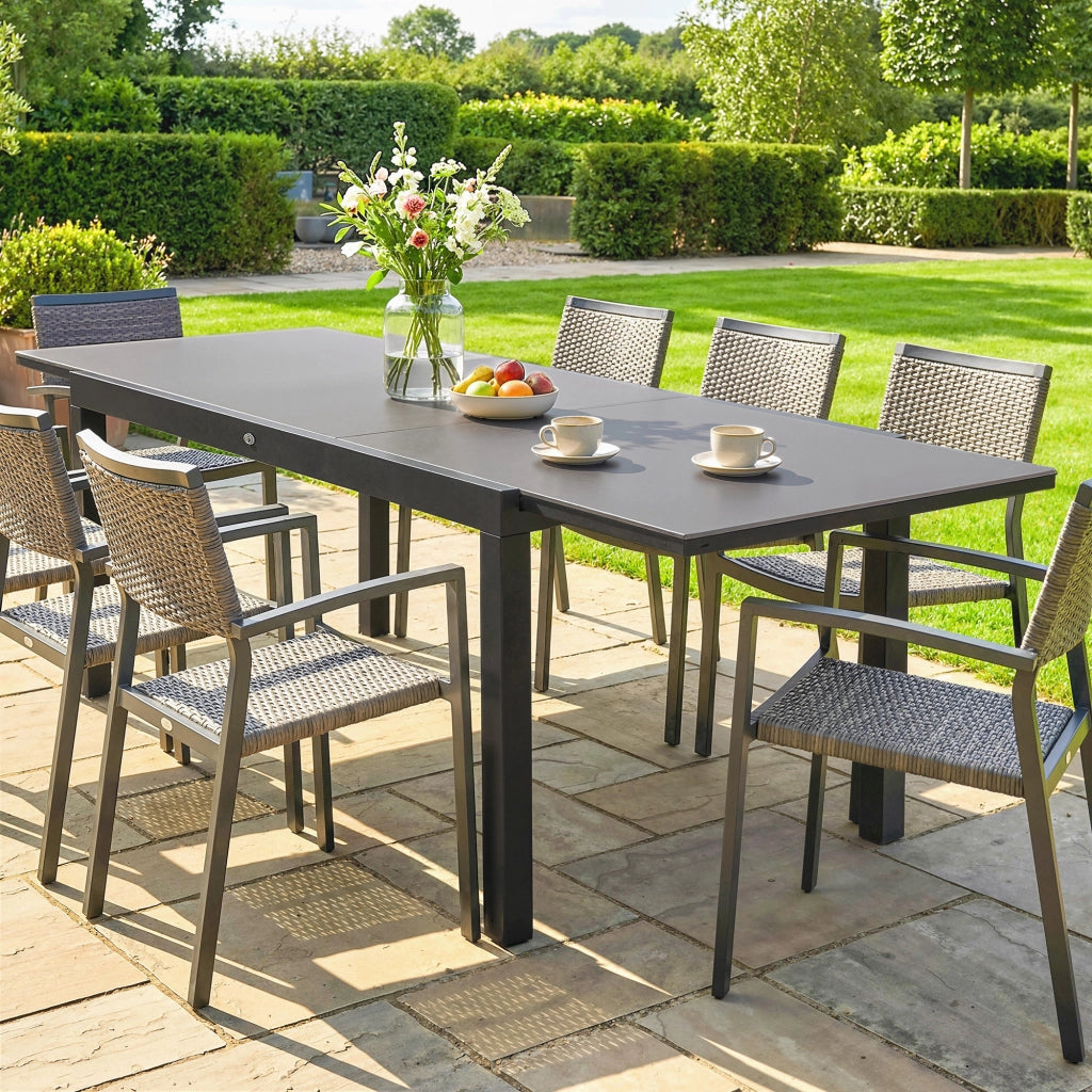 Tavolo da Giardino Allungabile ¨C Minimal ¨C Vetro Temperato, Alluminio, Nero, 140/240x90 cm