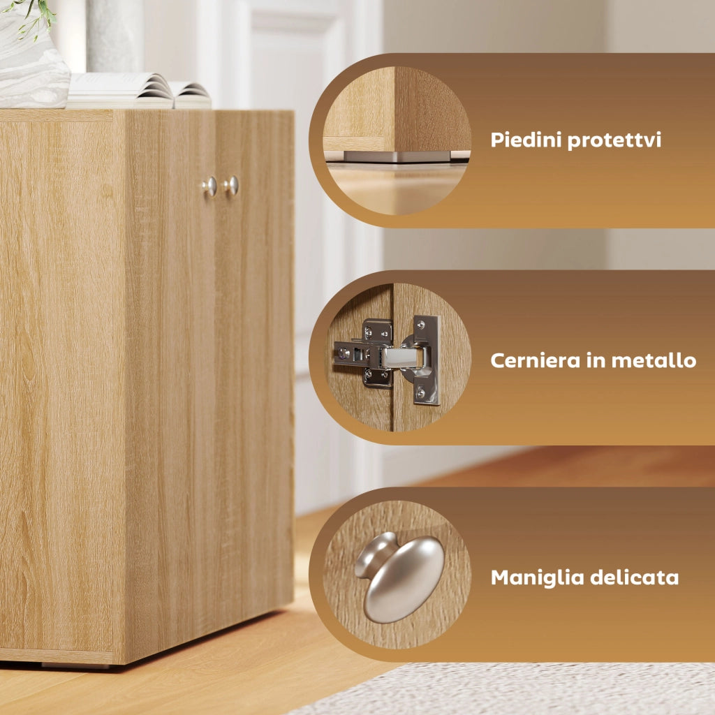 Mobiletto Multiuso a 2 Ante, Mobiletto Soggiorno o Ufficio in Legno con Maniglie in Alluminio, 70x39x70cm
