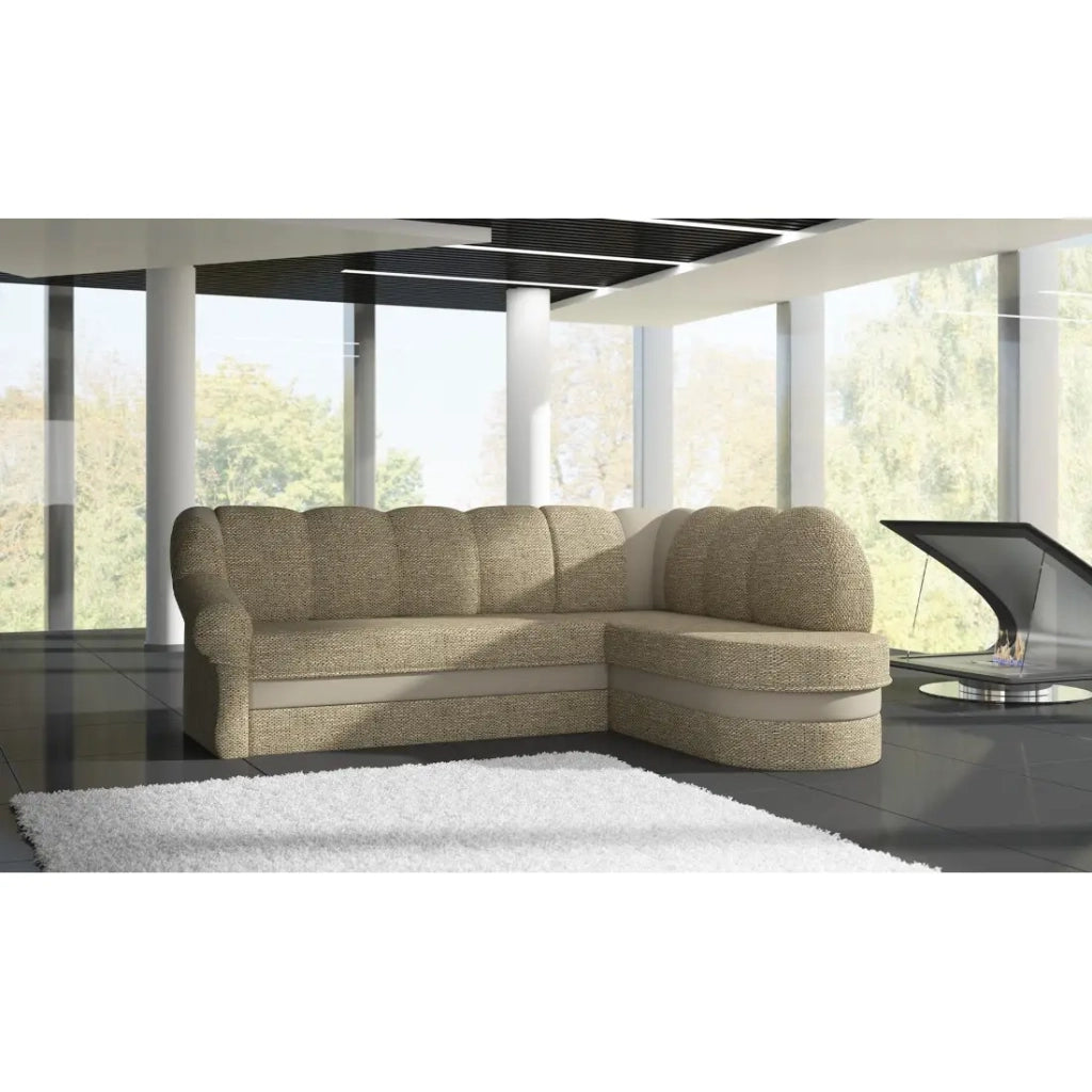 Divano ad angolo destro convertibile BENANA 250 cm beige e marrone con contenitore