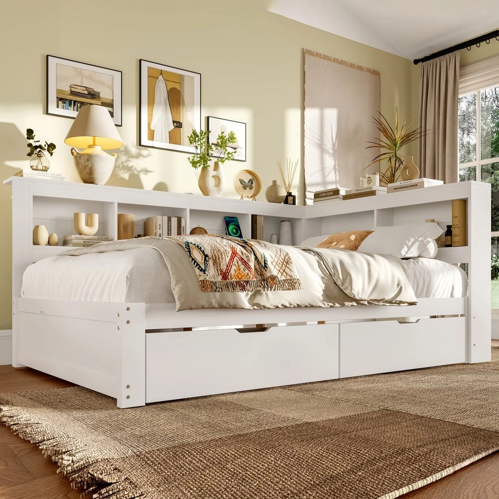 Divano Letto con Cassetti e Presa USB ¨C MINIMAL ¨C Bianco 140x200