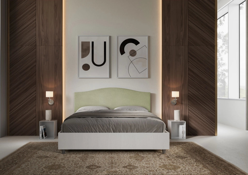 BS COM Letto matrimoniale contenitore doppia alzata 160x200 bianco frassino testata microfibra tè verde