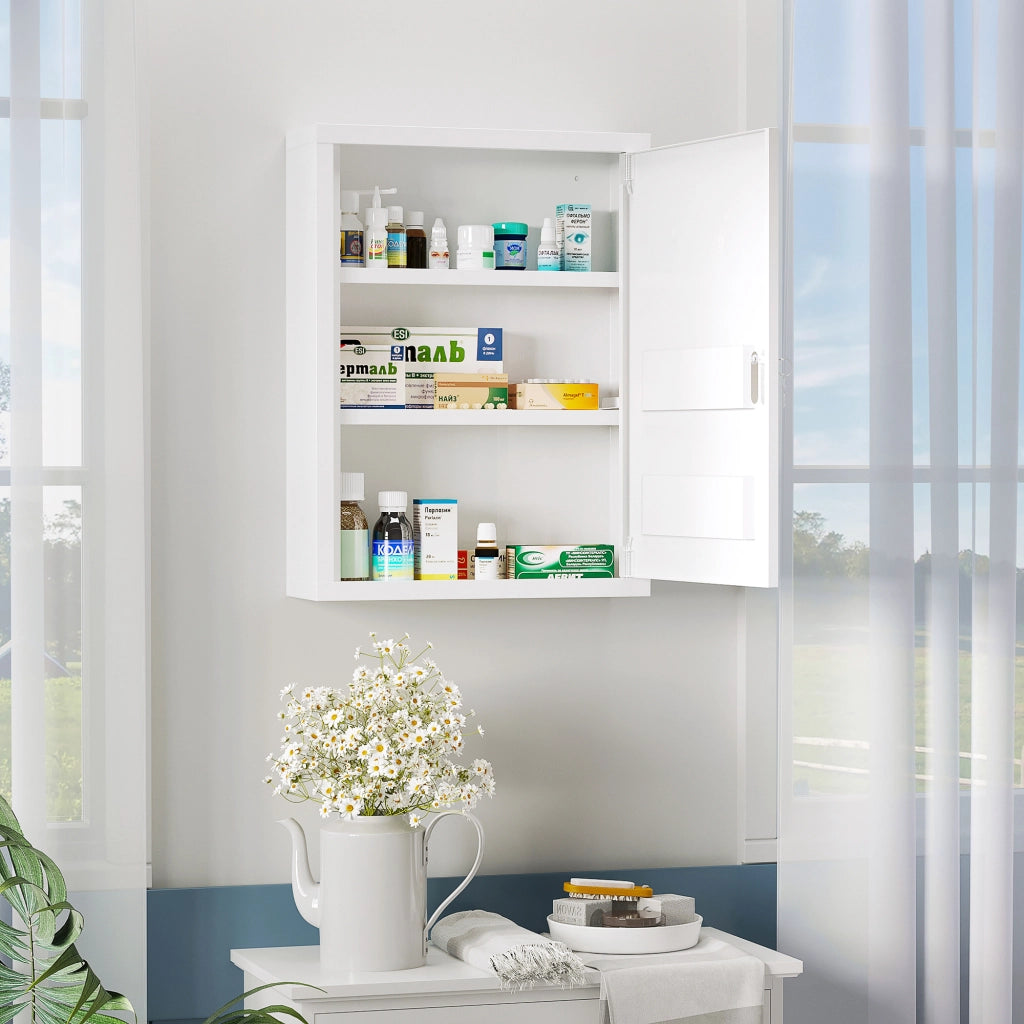 Armadietto da farmacia a muro con serratura e 2 chiavi, in acciaio bianco, 40x15x53,5 cm, per bagno e cucina.