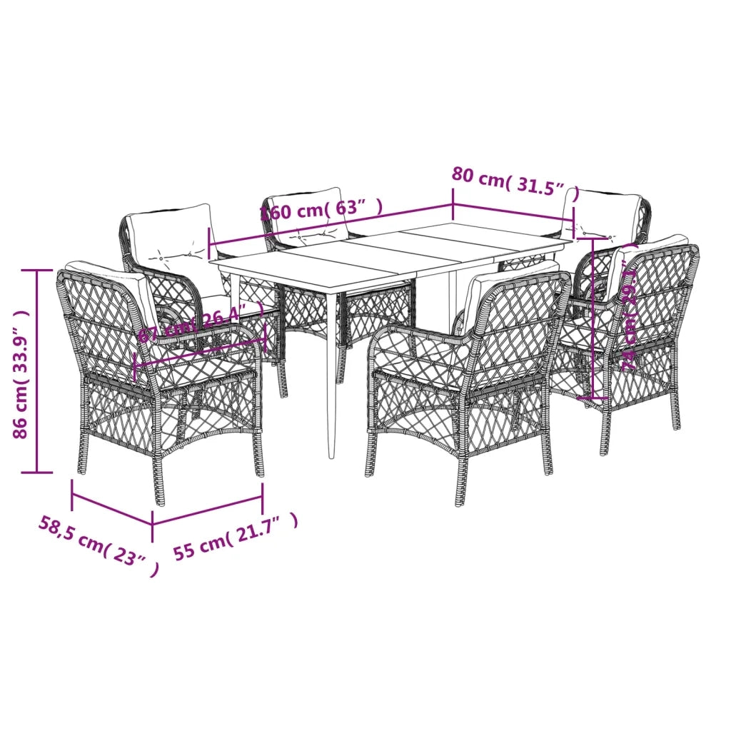 Set da Pranzo da Giardino 7 pz con Cuscini Beige in Polyrattan 3212142