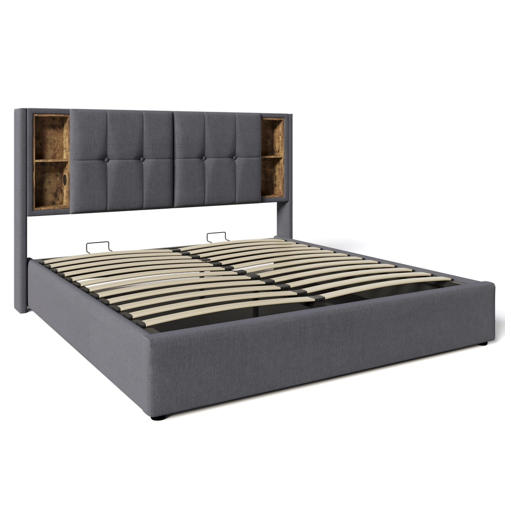 Letto imbottito 140x200 cm con ricarica wireless, USB e contenitore, grigio